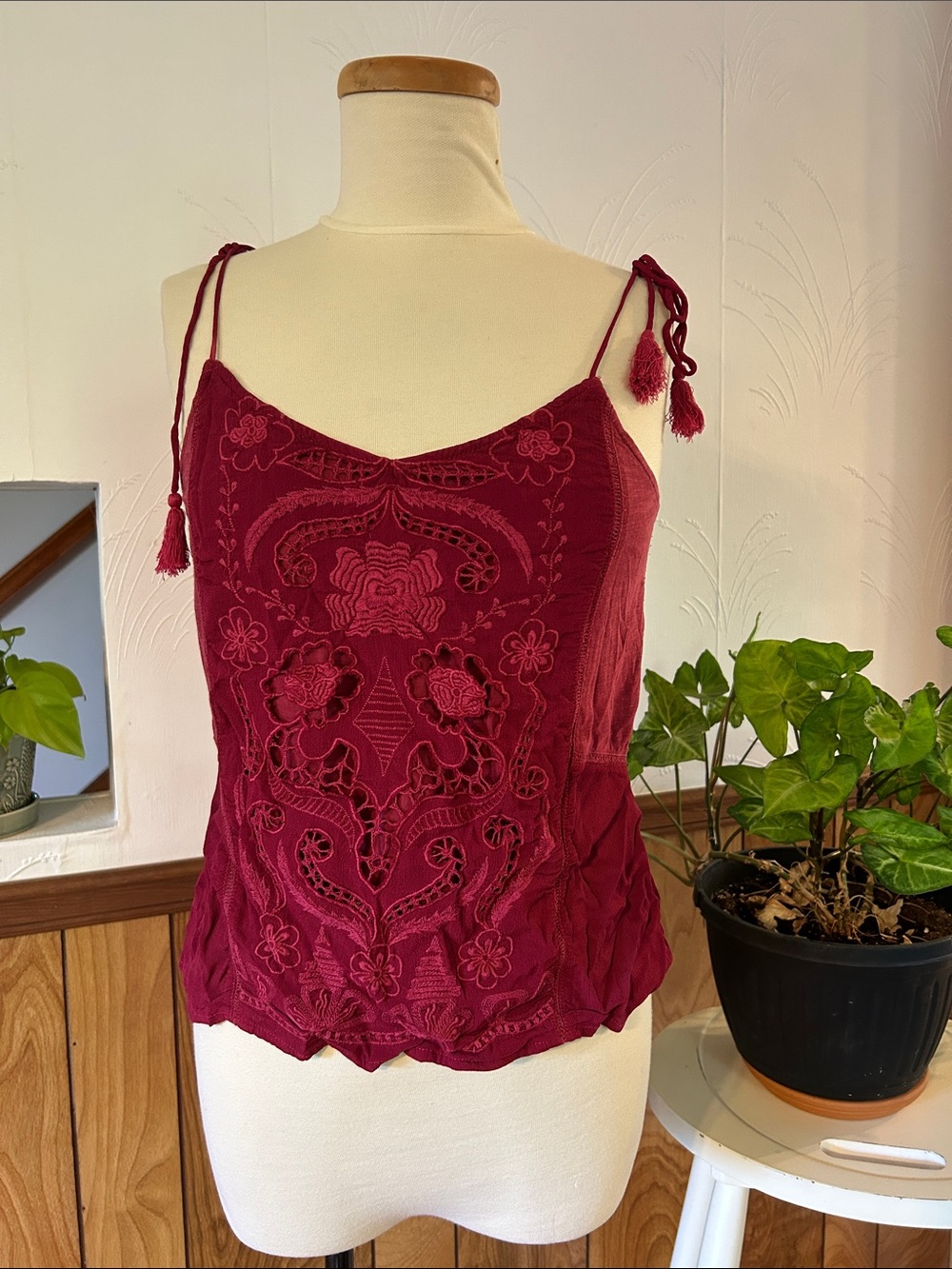 Lucky Brand Wine Red Embroidered Tie-Shoulder Camisole